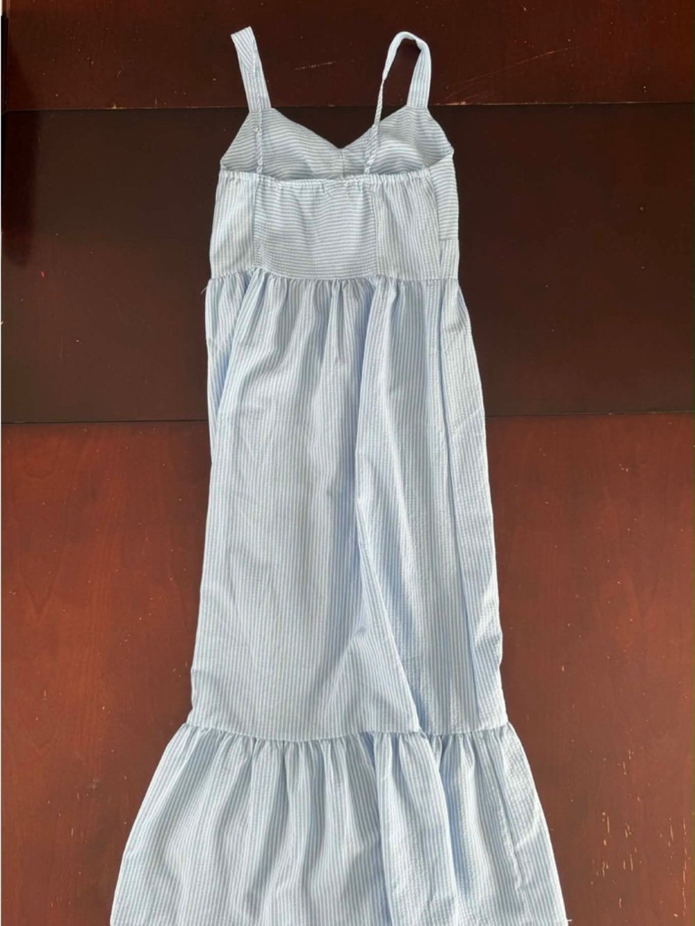 AVAILABLE Blue White Striped Seersucker Tiered Maxi Dress Nautical Coastal Boho - Picture 3 of 4